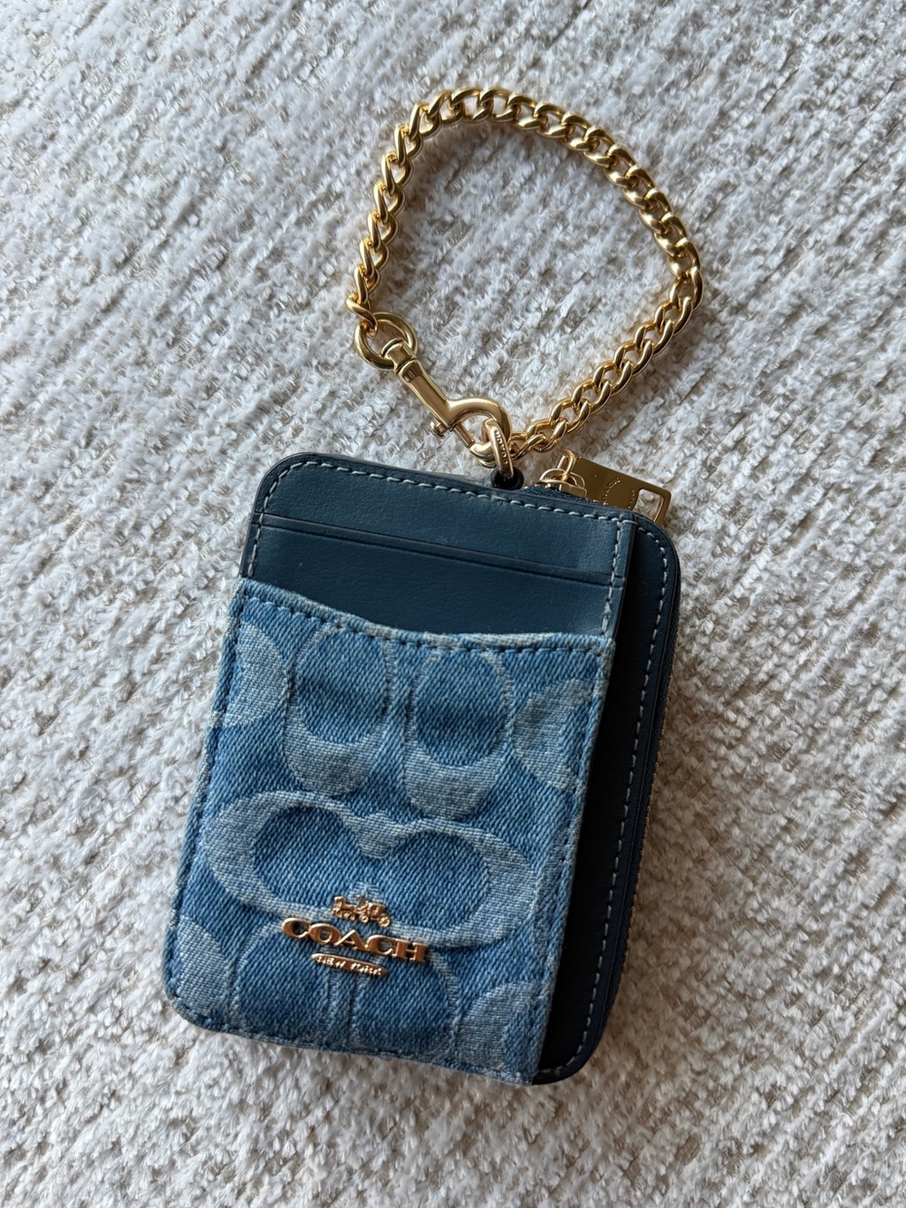 Coach Denim Signature Card Case Keychain with Gold Chain